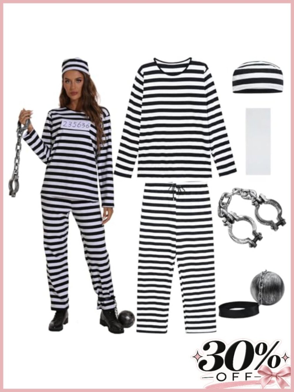 Prisoner Halloween Costume Women Jailbird Convict Jumpsuit Set